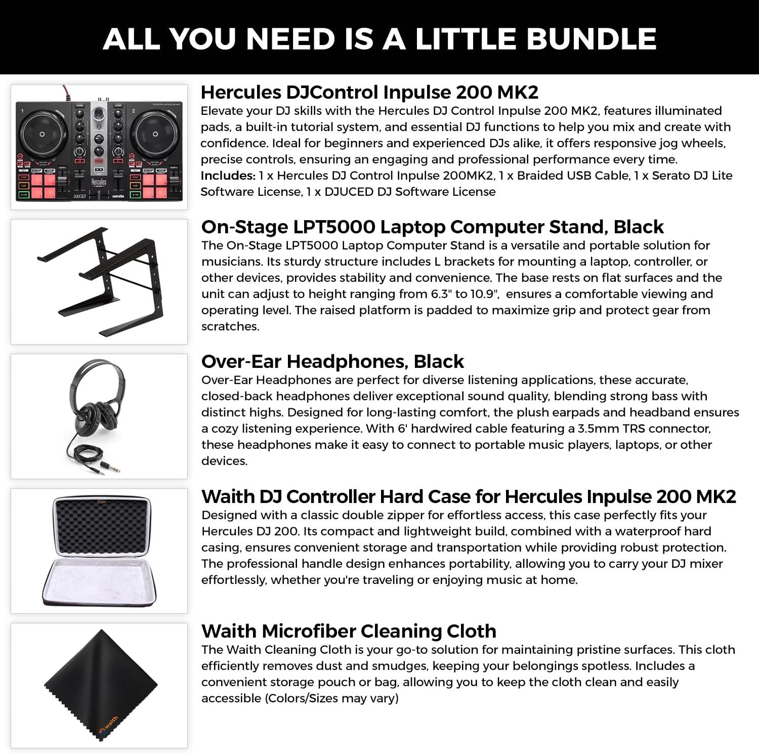 Hercules DJ Controller Inpulse 200 MK2-2 Deck USB DJ Controller with Over-Ear Headphones, On-Stage Laptop Stand, Waith DJ Controller Hard Carrying Case and Waith Cleaning Cloth (Bundle Set)