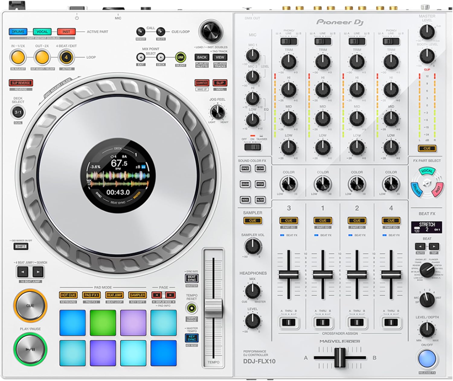 Pioneer DDJ-FLX10-W 4-Channel DJ Controller Bundle with StreamEye Cans50 Headphones and On-Stage LPT5000 Laptop Stand — STEMS, DMX Lighting, Dual USB-C, rekordbox and Serato