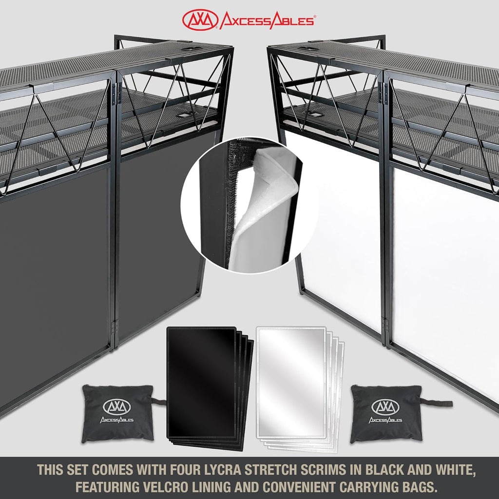 AxcessAbles Two-Tier Portable DJ Booth | Large DJ Table Stand w/ 43'x25' Desk Surface | 2 Ergonomic Table Heights | Black & White Facades, Carry Cases | DJ Laptop Controller Stand