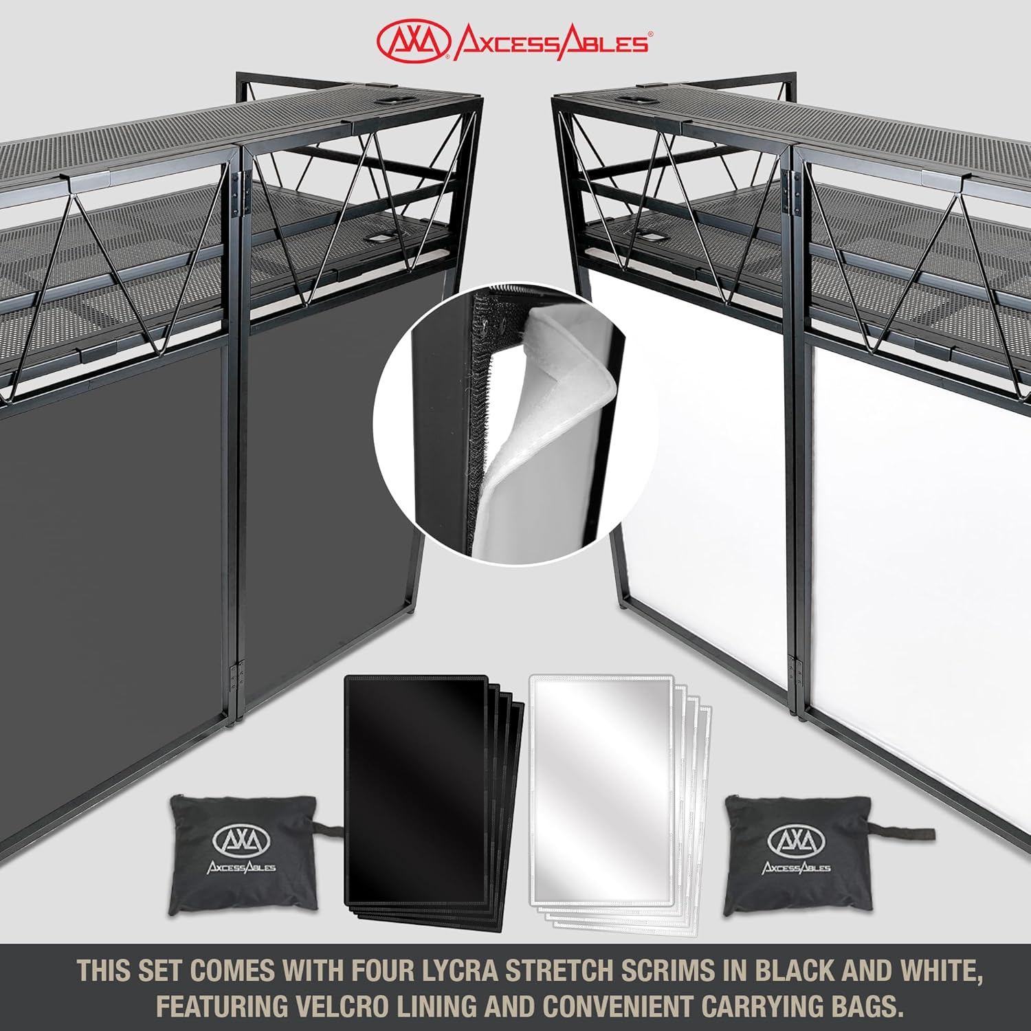 AxcessAbles Two-Tier Portable DJ Booth | Large DJ Table Stand w/ 43'x25' Desk Surface | 2 Ergonomic Table Heights | Black & White Facades, Carry Cases | DJ Laptop Controller Stand