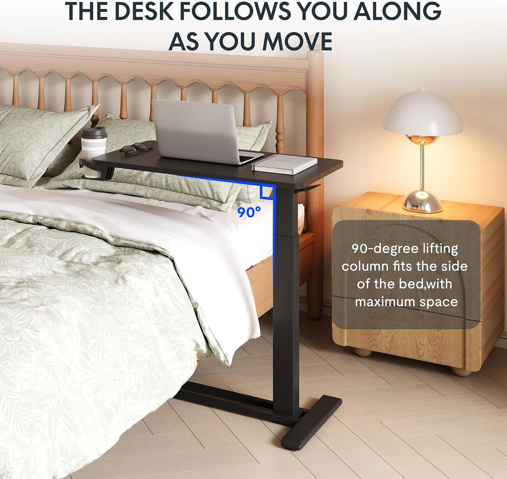 FLEXISPOT H7 Adjustable Overbed Bedside Table with Wheels Pneumatic Mobile Standing Desk Laptop Desk Rolling Computer Cart Movable Overbed Table Hospital Home Use(31.5' W x 17.7' D, Black Large)