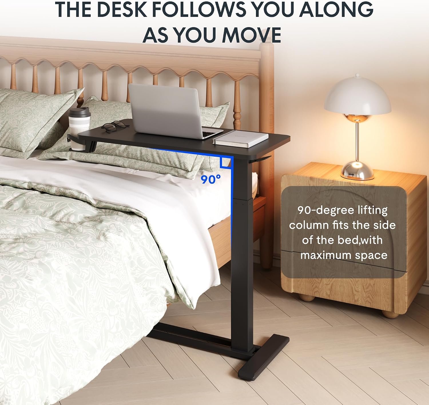 FLEXISPOT H7 Adjustable Overbed Bedside Table with Wheels Pneumatic Mobile Standing Desk Laptop Desk Rolling Computer Cart Movable Overbed Table Hospital Home Use(31.5' W x 17.7' D, Black Large)