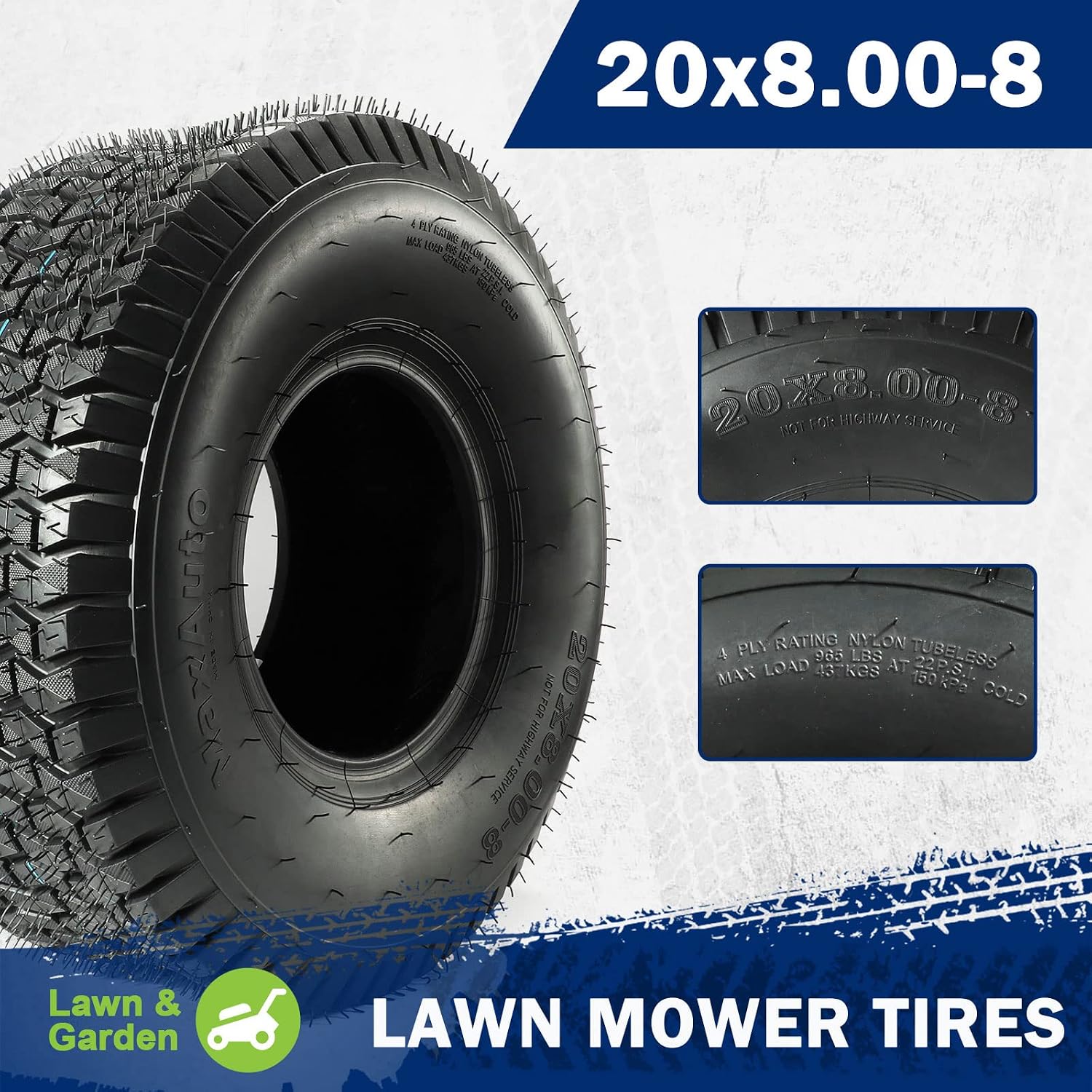 MaxAuto Lawn Mower Tires 15x6.00-6 & 20x8.00-8 Front & Rear Tire Set -15x6x6nhs Front & 20x8x8 nhs Rear Turf Tires for Golf Tire, Lawn & Garden Tractor, 4Ply Tubeless, 4 Pack in 2 Packages