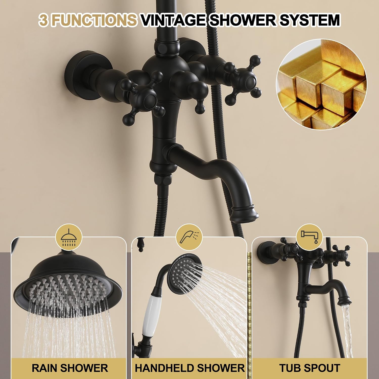 Exposed Shower System Matte Black,Antique Outdoor Shower Faucet with 8 Inches Rainfall Shower Head,Vintage Outdoor Shower Fixture with Foldable Tub Spout,Outdoor Shower Kit for Backyard Poolside