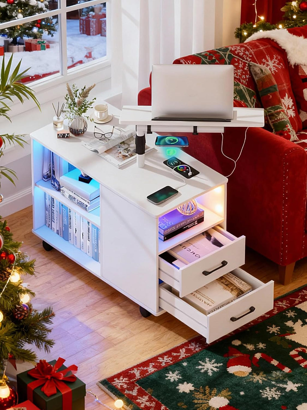 Smart Night Stand with 360° Laptop Tray, RGB Nightstand with Charging Station,Modern Bedside Table with 24-Color Human Sensor Lights,Large End Table w/ 2 Drawers,3 Shelves,5 Wheels,White