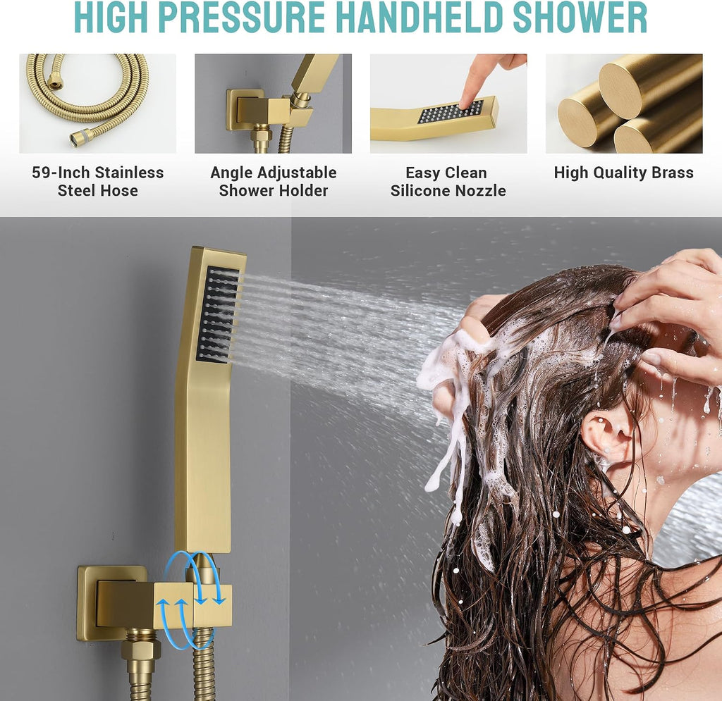 Brushed Gold Thermostatic Shower System with 6 Body Jets & 16-Inch Ceiling Rainfall Shower Head Luxury Full Body Shower Faucet with Handheld Sprayer, Shower Fixtures Set with Valve and Trim