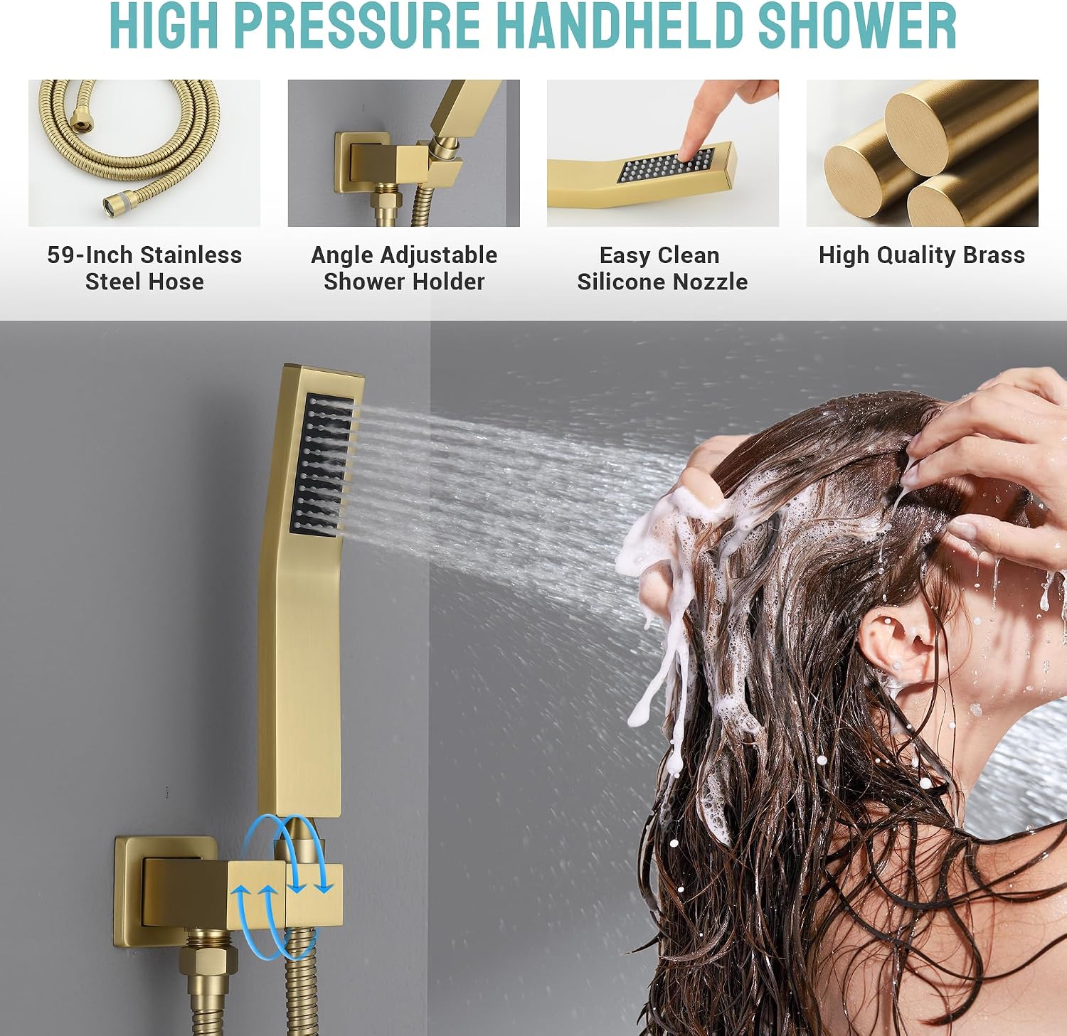 Brushed Gold Thermostatic Shower System with 6 Body Jets & 16-Inch Ceiling Rainfall Shower Head Luxury Full Body Shower Faucet with Handheld Sprayer, Shower Fixtures Set with Valve and Trim