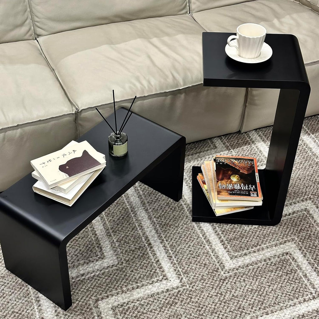 Solid Wood End Table for Couch, C Shaped Mini Sofa Side Table for Small Narrow Spaces, Wooden Nightstand for Living Room Bedroom Laptop Work Desk, Bedside Table for Office Balcony (1, black small)