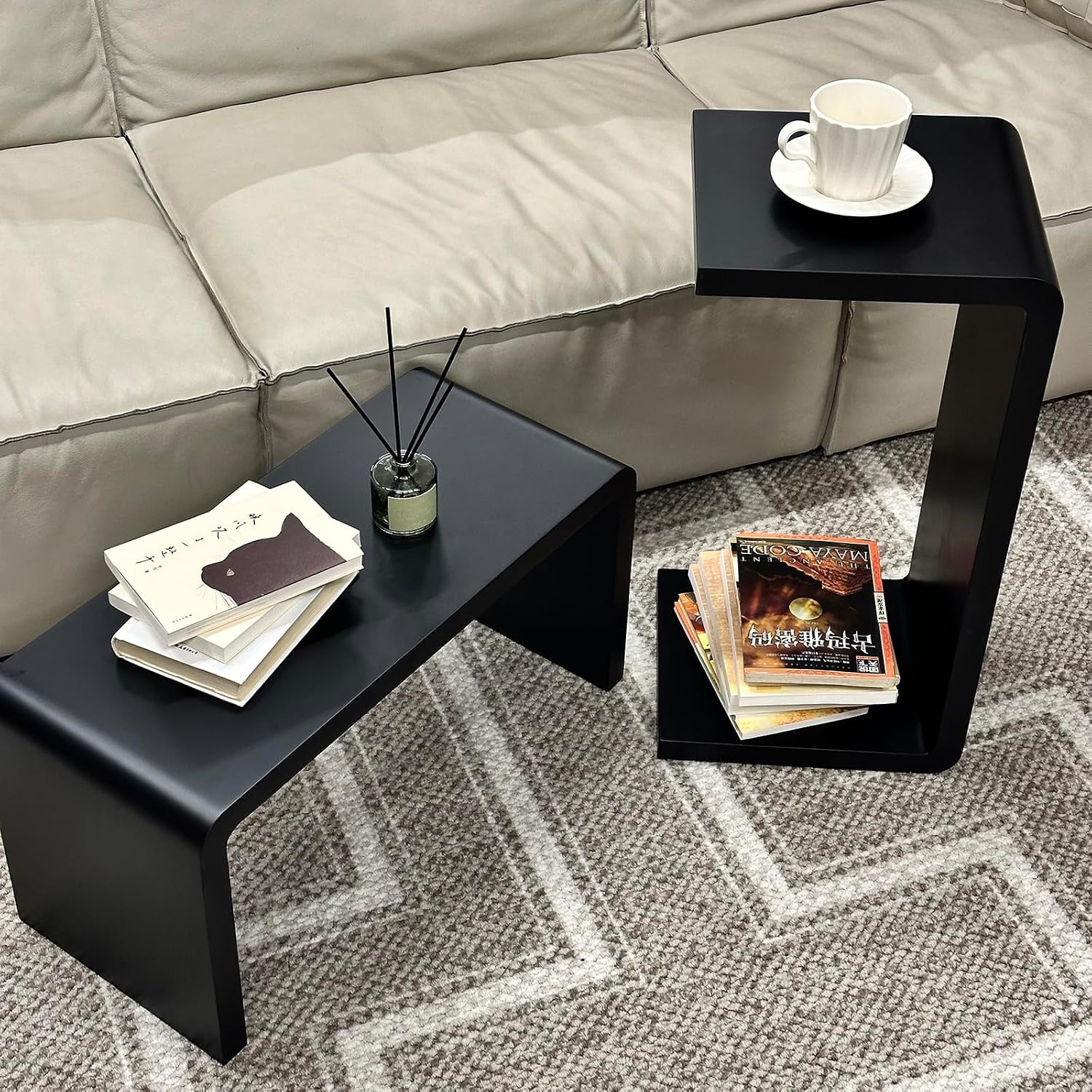 Solid Wood End Table for Couch, C Shaped Mini Sofa Side Table for Small Narrow Spaces, Wooden Nightstand for Living Room Bedroom Laptop Work Desk, Bedside Table for Office Balcony (1, black small)