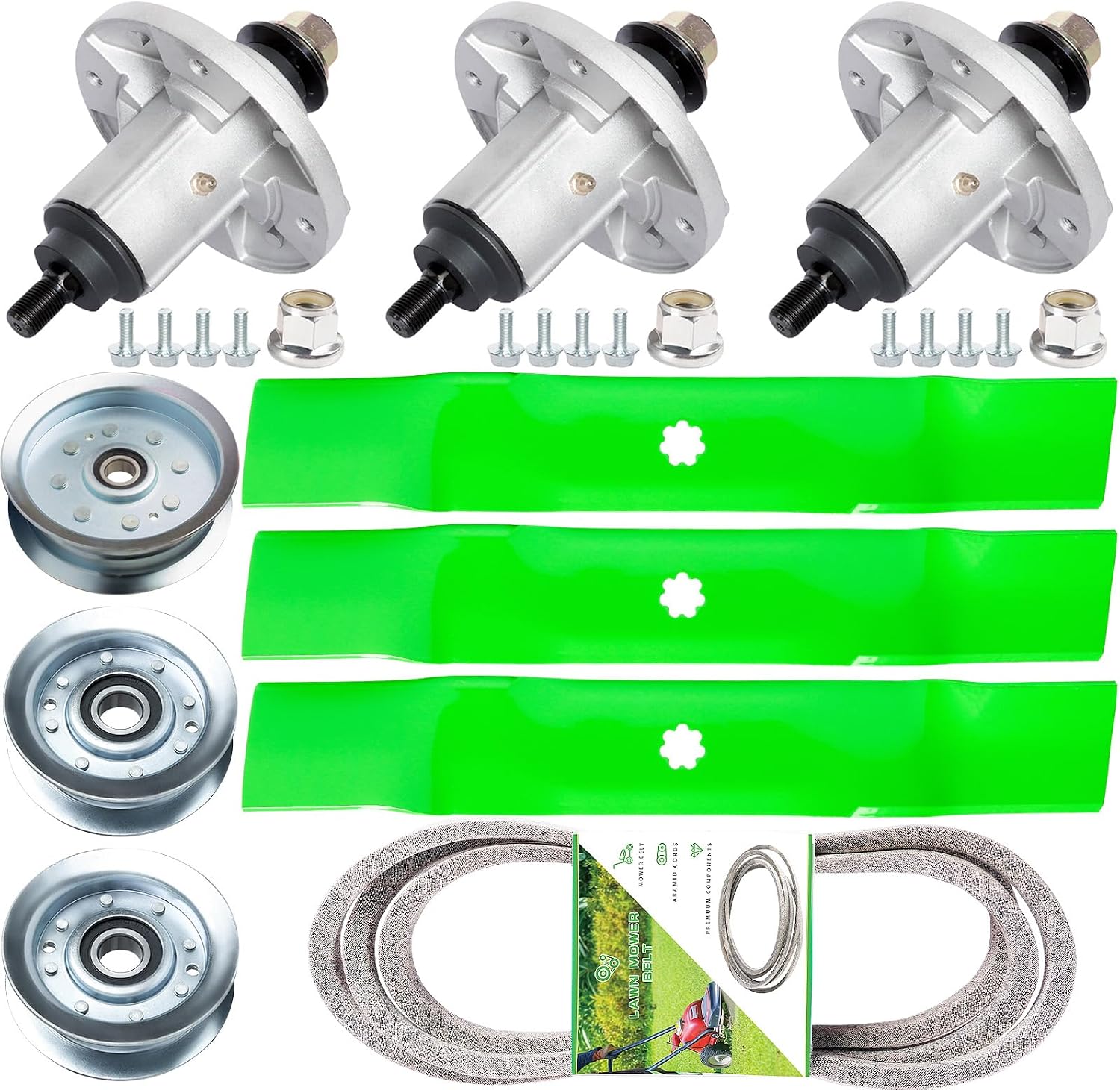 48 inch Lawn Mower Rebuild Spindle Kit for John Dee re LA145 LA165 LA155 LA130 Includes 3 Spindle GY20454 GY21098 GY20867 3 Blade AM141035 GY20852 1 Be lt GX20571 2 Idler GY20067 1 Idler GY20110