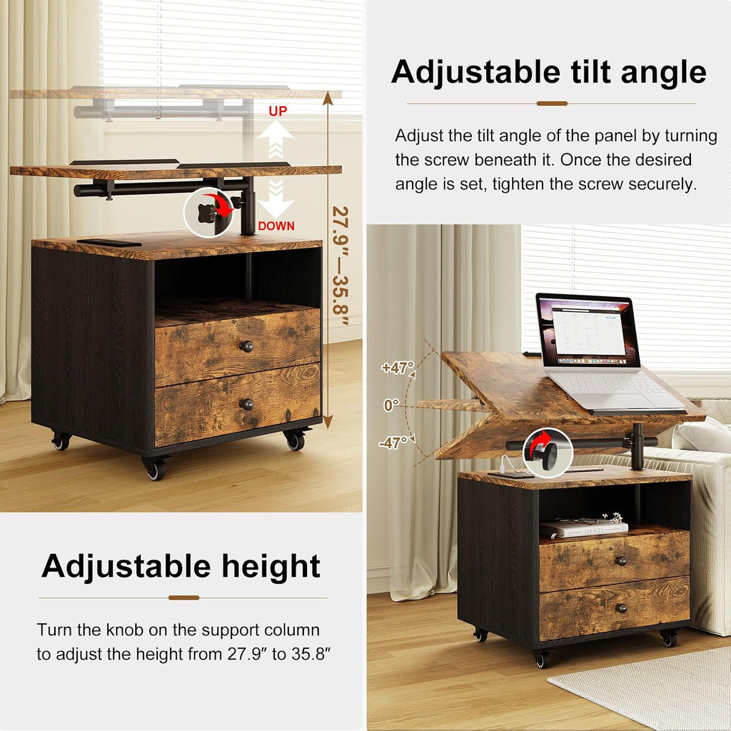 Bedroom Nightstand with Drawers & Charging Station, Adjustable Height Bedside Table with Wheels, Wooden Small Sofa Side Tables with Storage for Living Room, Rustic Brown