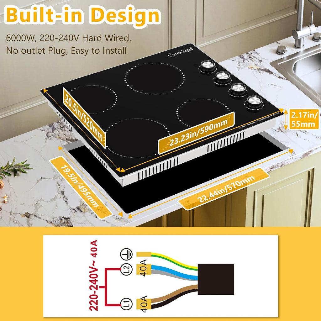 24 Inch Electric Cooktop, 4 Burner Ceramic Stove with 9 Power Levels, Knob Control, Auto shutdown and Residual Heat Warning, 6000W, 220-240V for Hard Wire
