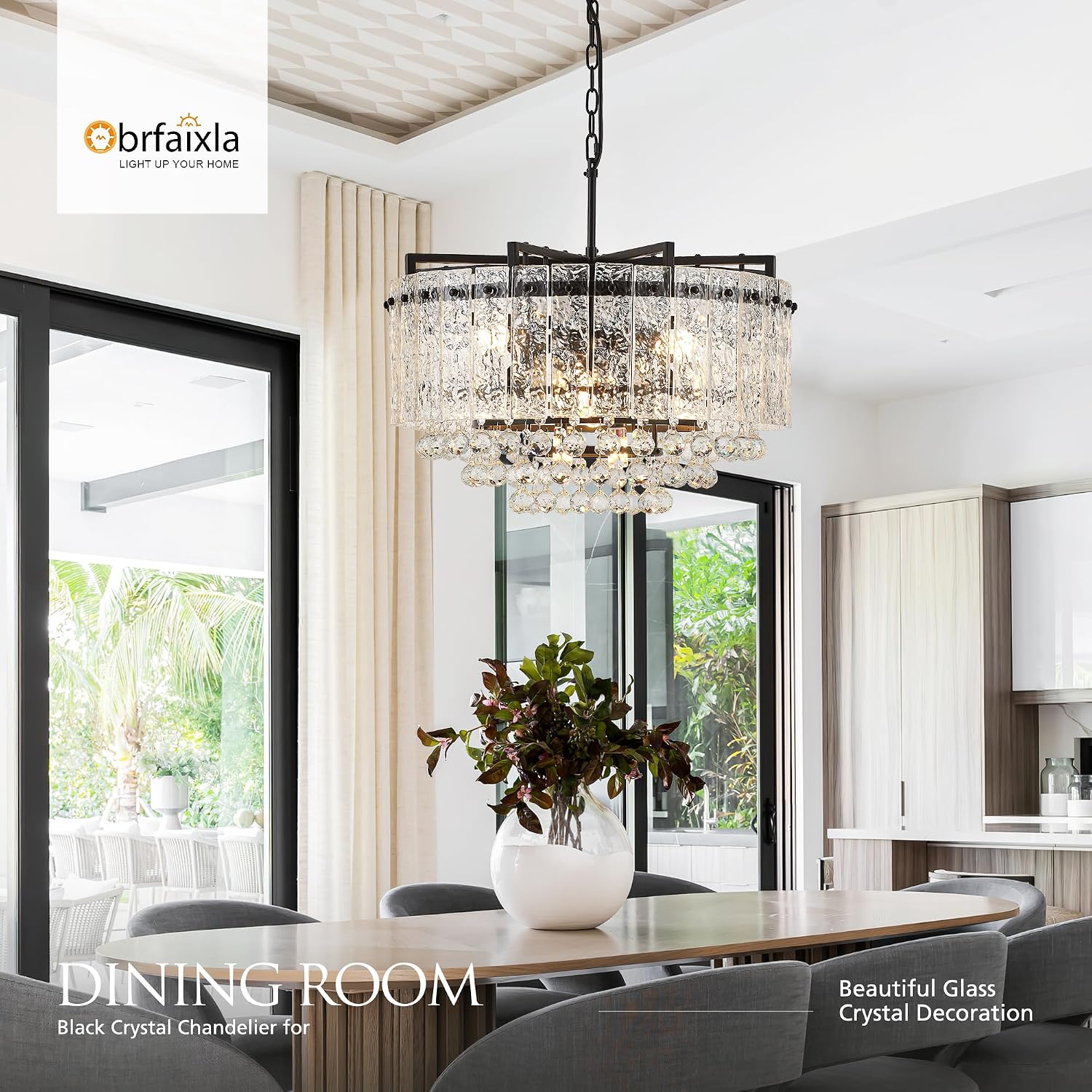 22.2' 10-Light Modern Glass Chandelier Light Fixtures Black 3-Tier Crystal Beads Chandeliers for Dining Room Round Hanging Ceiling Pendant Lighting for Kitchen Island Entryway Foyer Hallway