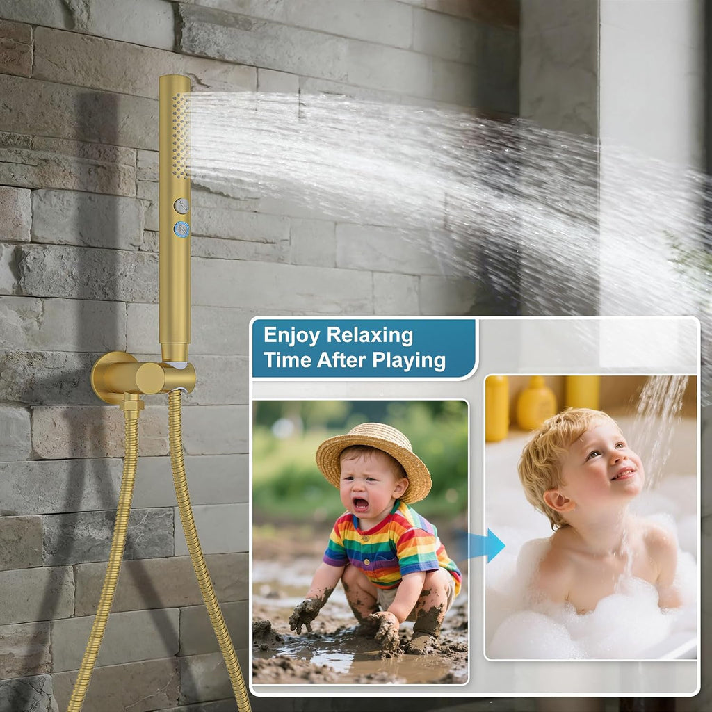 Shower System Shower Faucet Set Rainfall Shower Set with Valve 12+6' Dual Rain Shower Head with Handheld Ceiling Mount Wall Mount Shower Head Shower System, Brushed Gold