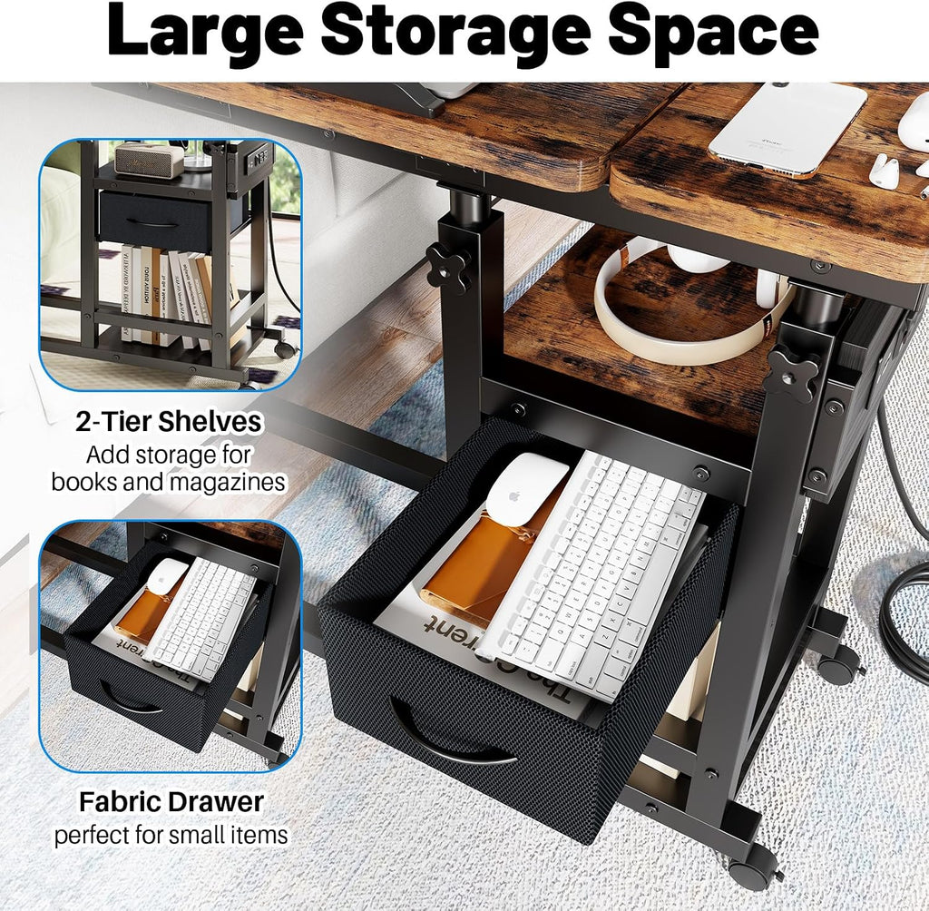 Height Adjustable Overbed Table with Wheel and Charging Station, Tiltable Desk C Shaped End Table for Couch, 2-Tier Overbed Bedside Desk with Storage Shelve for Living Room Bedroom
