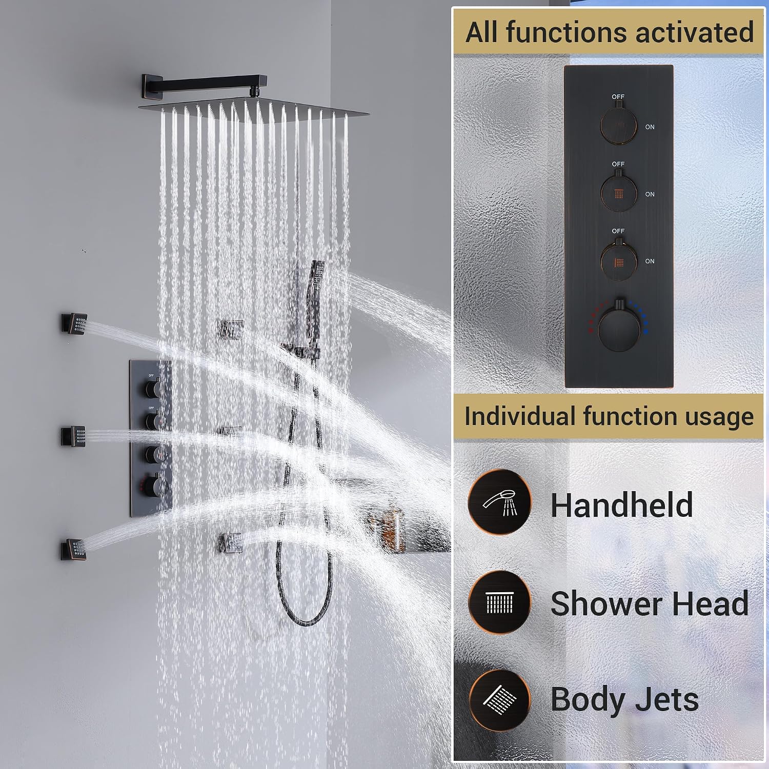 16' Thermostatic Rain Shower System with 6 Body Jets & 16-Inch Rainfall Shower Head, JetsBath Full Body Shower Faucet Sets with Valve & Handheld, Oil Rubbed Bronze Luxury Wall Mount Shower Faucet Set