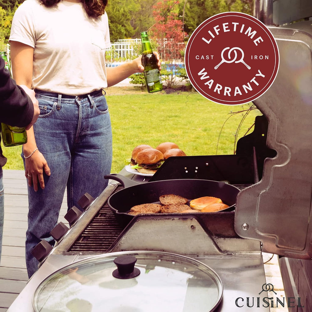 Cuisinel Cast Iron Skillet with Glass Lid Cover - Large 15'-inch Frying Pan + Scraper + Silicone Handle Grip - Pre-seasoned Kitchen Cookware - Indoor/Outdoor - Camping, Grilling, BBQ, Oven Use