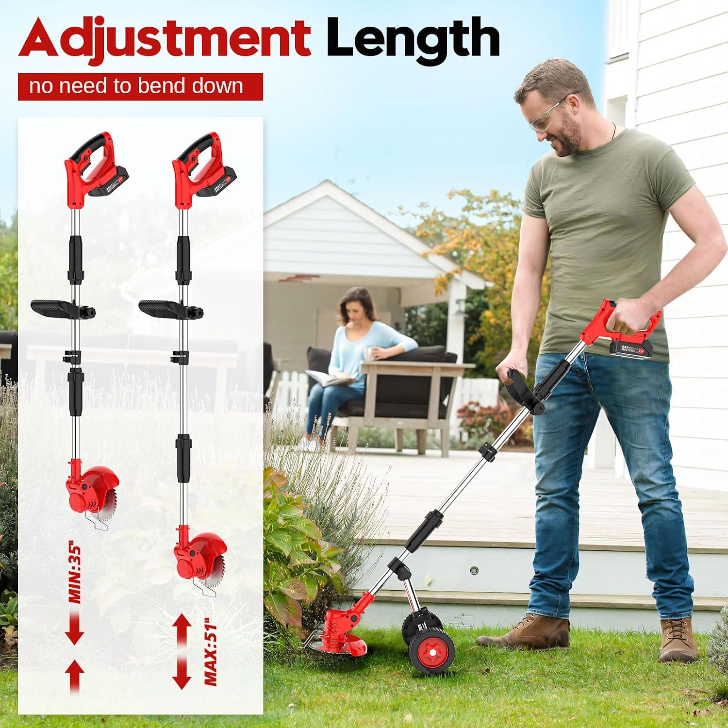 Cordless Weed Wacker with Wheel, Electric Weed Eater Battery Powered W/Blade, 3 in 1 Weed Trimmer Edger Weed Brush Cutter Mower, No String Grass Trimmer Wheel Yard Garden Tool