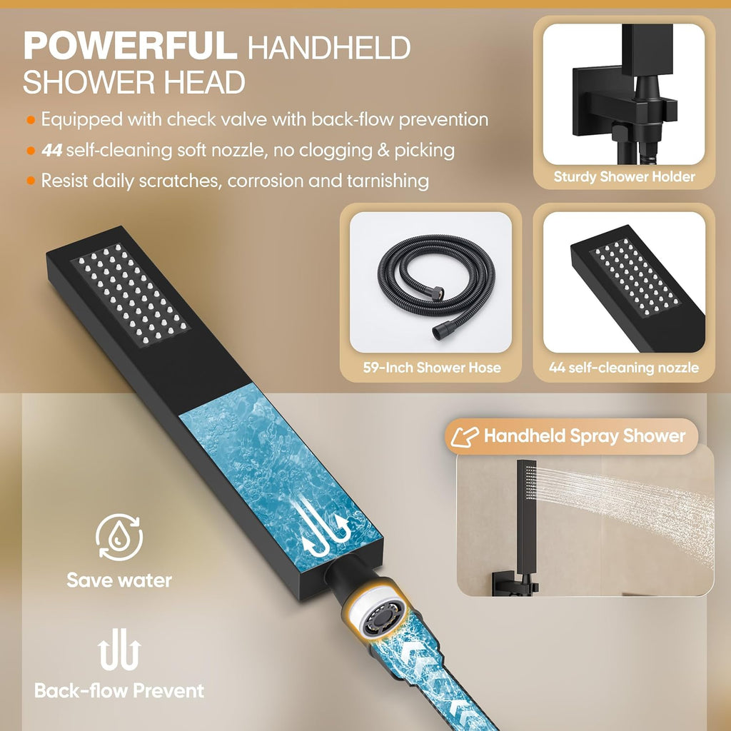 Black Shower System, Shower Faucet Set with 3 In 1 Push Button Valve, Shower Faucet included 10' Ceiling Shower Head and 8' Wall-Mount Shower Head with Handheld Spray, Matte Black
