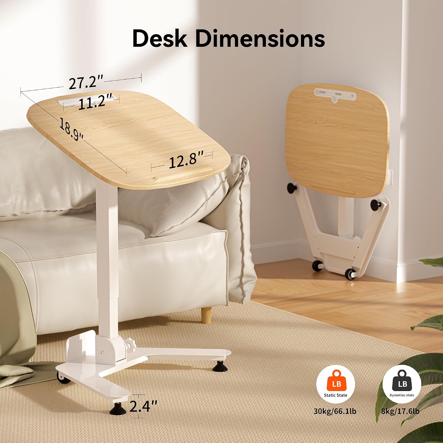 WALKINGDESK Folding Pneumatic Height Adjustable Mobile Standing Desk with 90° Tiltable Tabletop, 27.2x18.9 Inch Portable Laptop Desk with Wheels, Holds Up to 66.1lbs for Home Office, Study, Oak