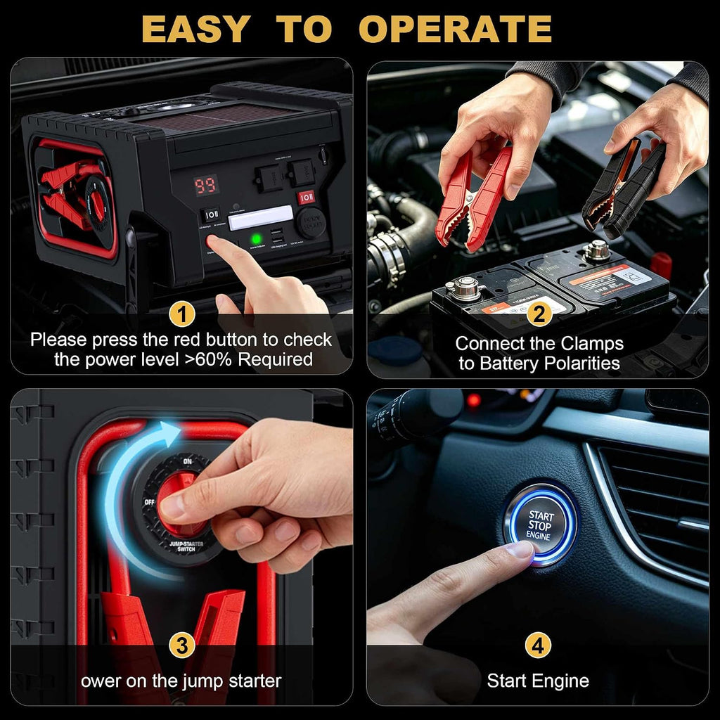 2000A Car Battery Jump Starter with Air Compressor 12V Battery Jumper Box Car Start Booster Up to 10L Gas/8L Diesel Engines with 400W AC Inverter, LED Light