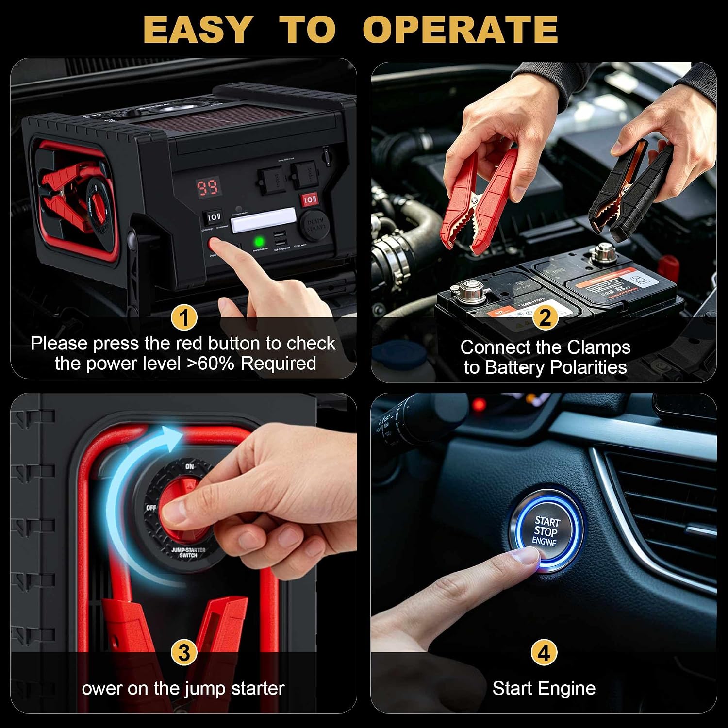 2000A Car Battery Jump Starter with Air Compressor 12V Battery Jumper Box Car Start Booster Up to 10L Gas/8L Diesel Engines with 400W AC Inverter, LED Light