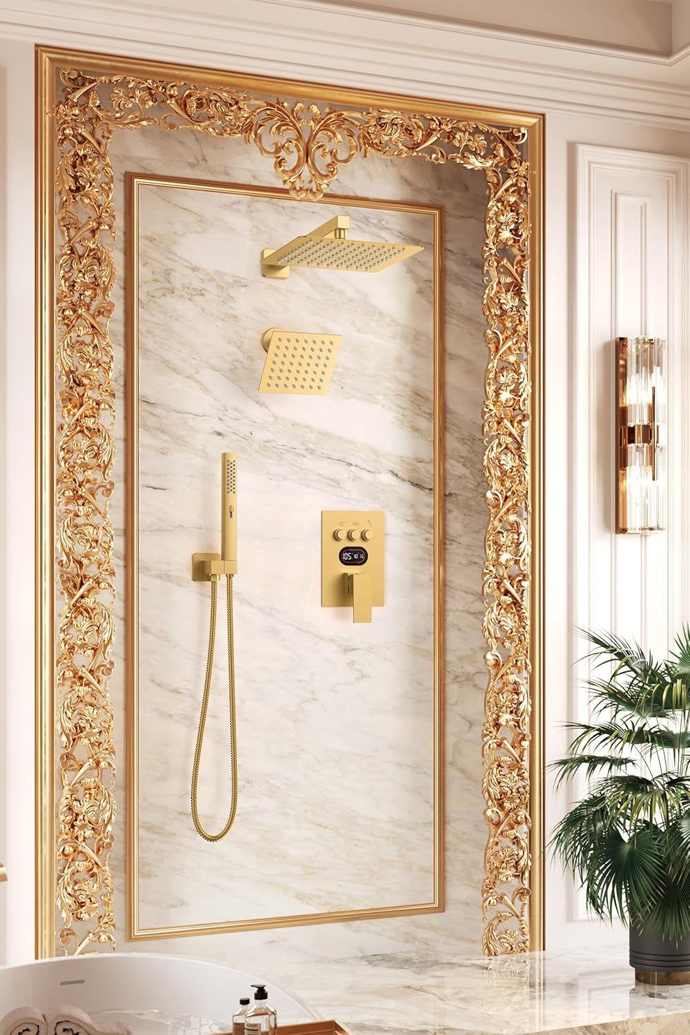 Push Button Diverter Shower Faucet Set Hydro Power Temperature Display, Shower System Wall Mounted 10' & 6' Shower Head with 3-Spary Handheld, Shower Fixtures with Valve and Trim Kit, Brushed Gold