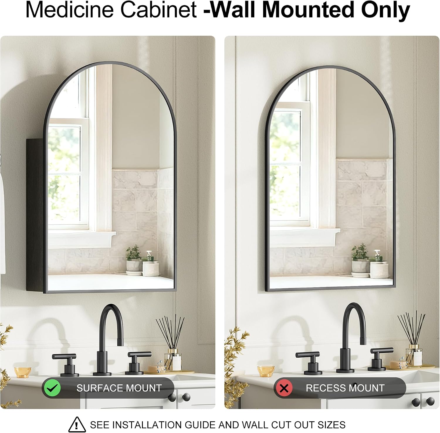 Brushed Black Arched Medicine Cabinet with Mirror, Wall Mount Bathroom Storage Cabinet, Surface Mount, Reversible Left/Right Opening Door, Modern Metal Framed Mirror Cabinet, 20 x 30 Inch