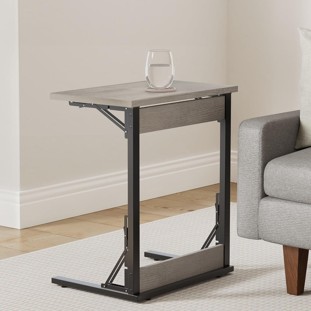 Tatub 24' TV Tray Table Set of 2, Folding C Shaped End Table, Small Sofa Side Laptop Desk for Living Room, Bedroom, Light Ivory