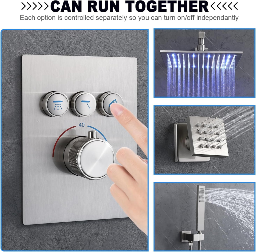 Enga Brushed Nickel Shower System with Body Spray Jets, Wall Mount 12 Inch LED Rain Shower Head Push Button Diverter Shower Fixtures, All Functions Can Run At Once