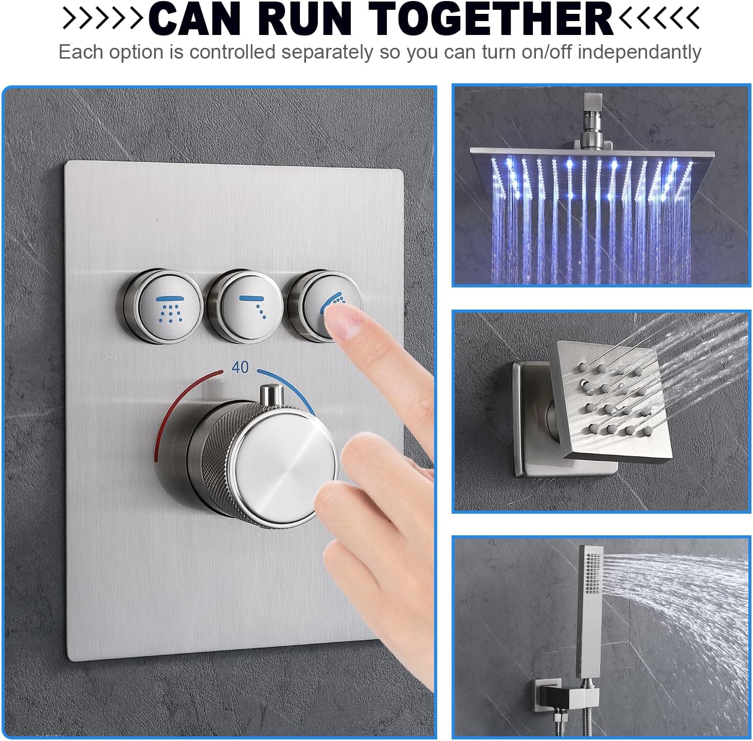 Enga Brushed Nickel Shower System with Body Spray Jets, Wall Mount 12 Inch LED Rain Shower Head Push Button Diverter Shower Fixtures, All Functions Can Run At Once