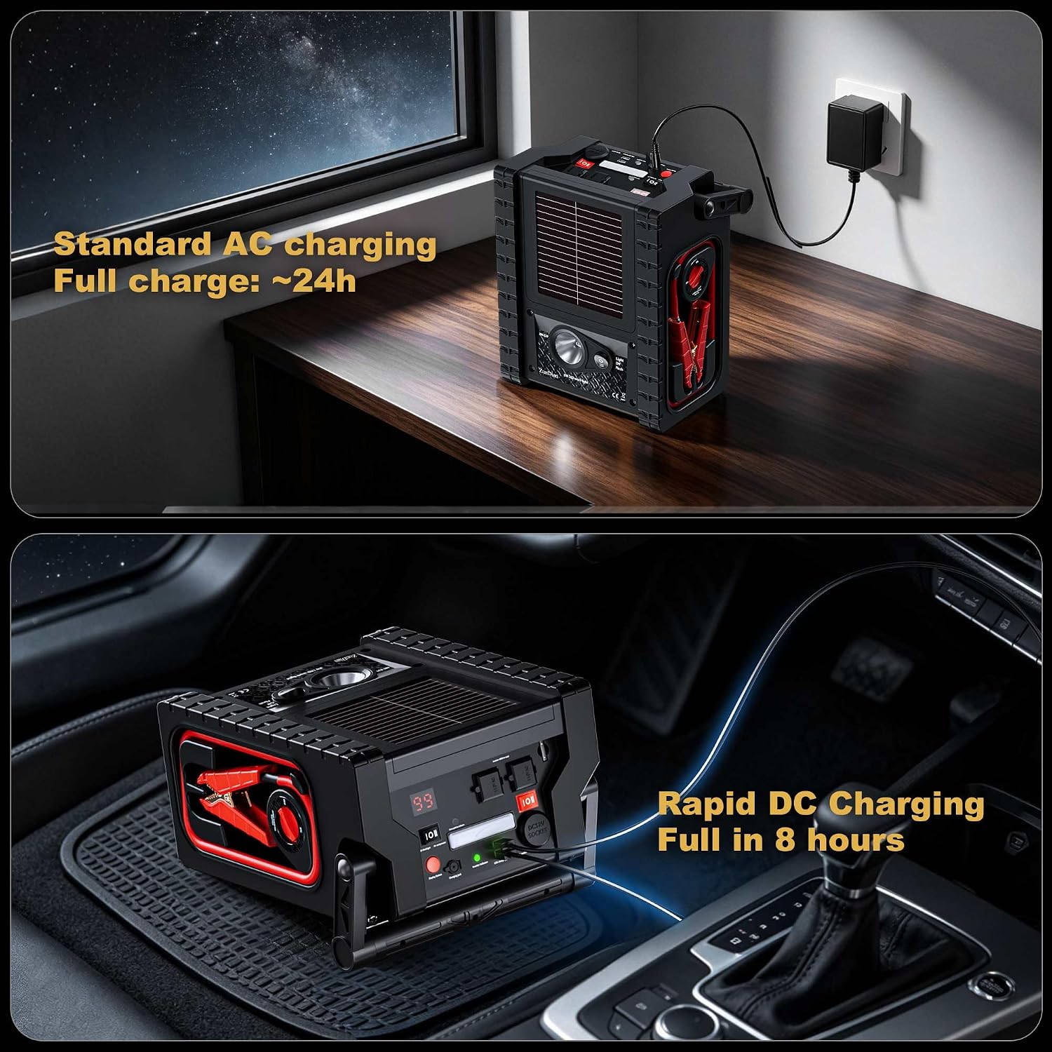 2000A Car Battery Jump Starter with Air Compressor 12V Battery Jumper Box Car Start Booster Up to 10L Gas/8L Diesel Engines with 400W AC Inverter, LED Light