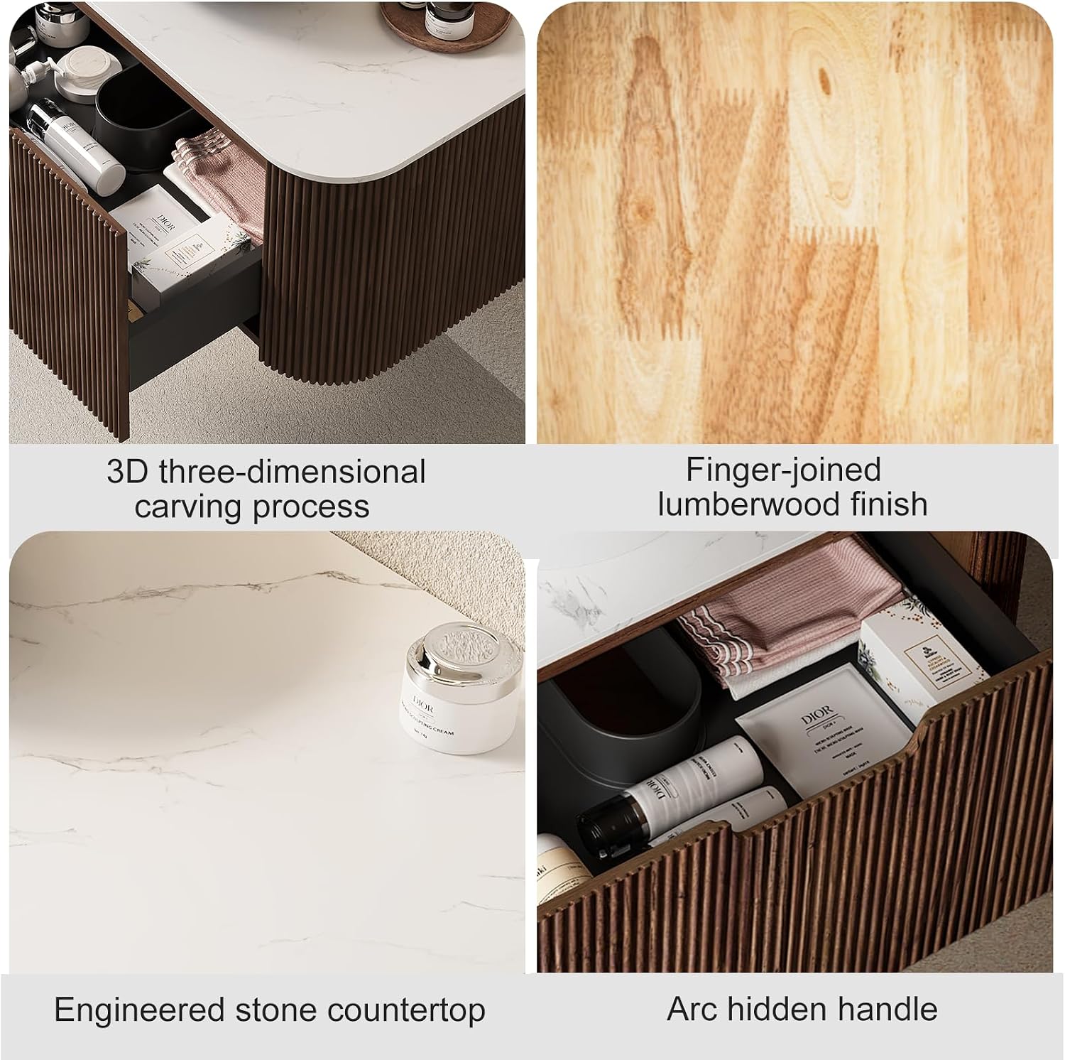 24' Floating Bathroom Vanity with Sink, Modern Bathroom Storage Cabinet with Ceramic Bowl Shape Basin and Marble Top, Large Storage Drawer, Soft-Close Design, Pre-Assembled, Dark Walnut