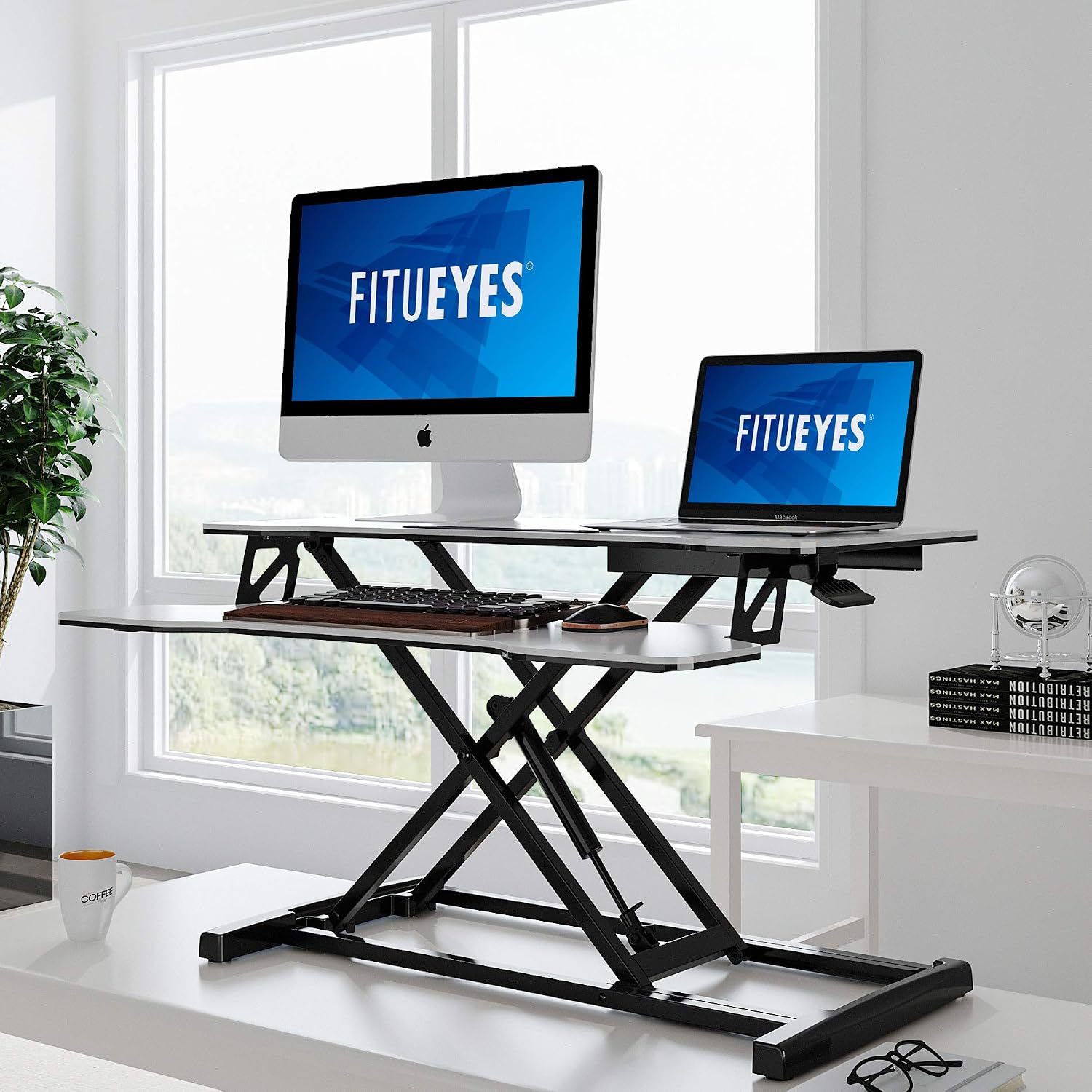 FITUEYES Height Adjustable Standing Desk 32' Wide Sit to Stand Converter Stand Up Desk Tabletop Workstation for Laptops Dual Monitor Riser White SD308003WW