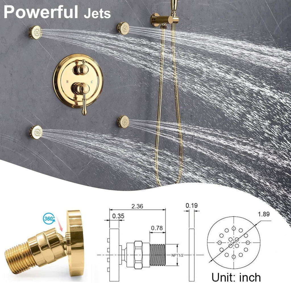 Enga Antique Shower Faucet Sets 8 inch Rainfall Head with Body Jets Handheld Spray Fixtures Combo, Brass 3 Way Diverter Rough in Valve Trim Kit, Bright Gold