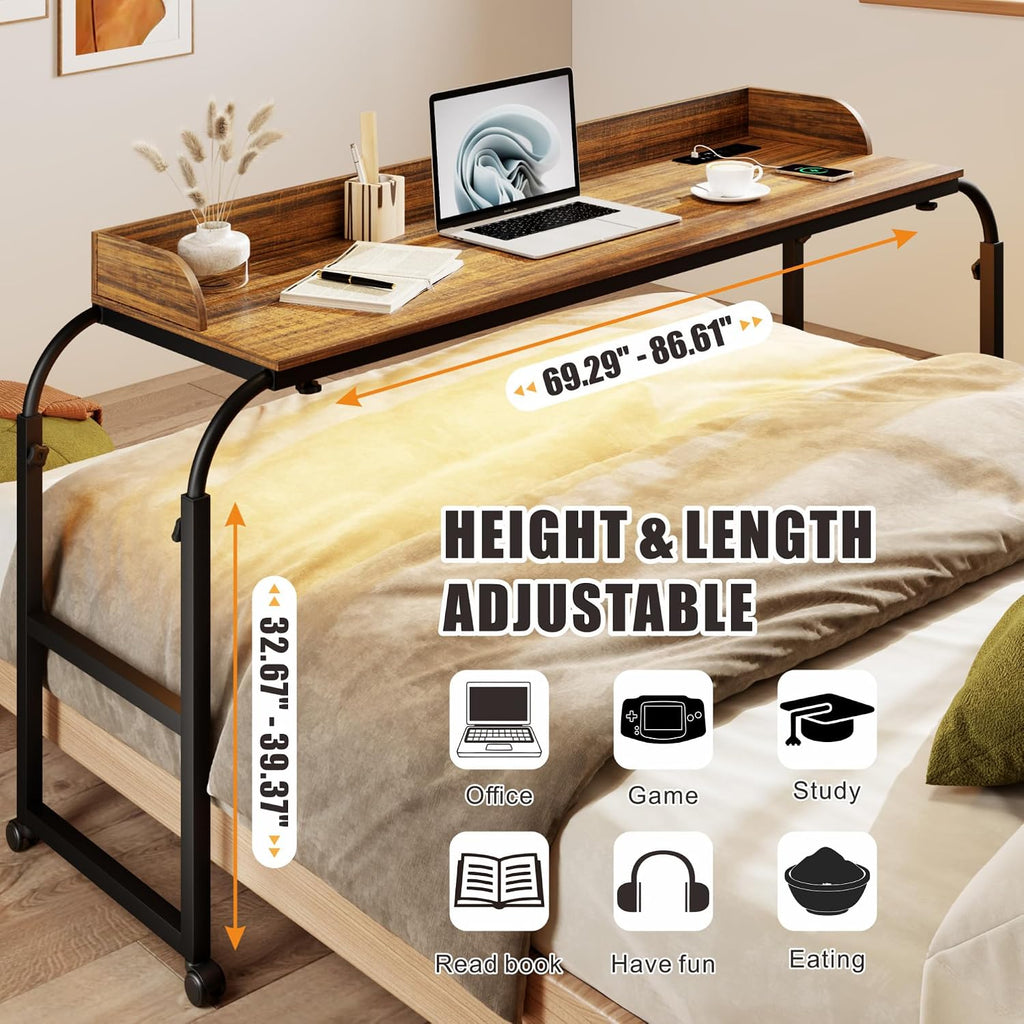 HWB Overbed Desk with Charging Station-Over Bed Table-Adjustable Length/Height with Wheels - Human Sensor LED Light Mobile Queen Size Bed Table Rolling Tray Table for Eating & Laptops, Brown