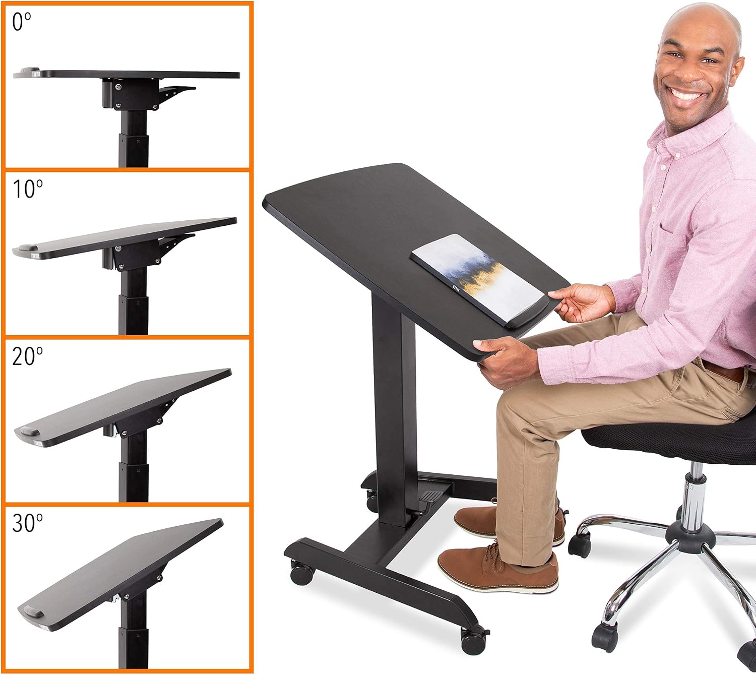 Stand Steady Multifunctional Mobile Podium Desk | Portable Sit to Stand Lectern with Pneumatic Height Adjustment & Tilting Desktop | Rolling Laptop Stand | Mobile Desk for School, Home, Office (Black)