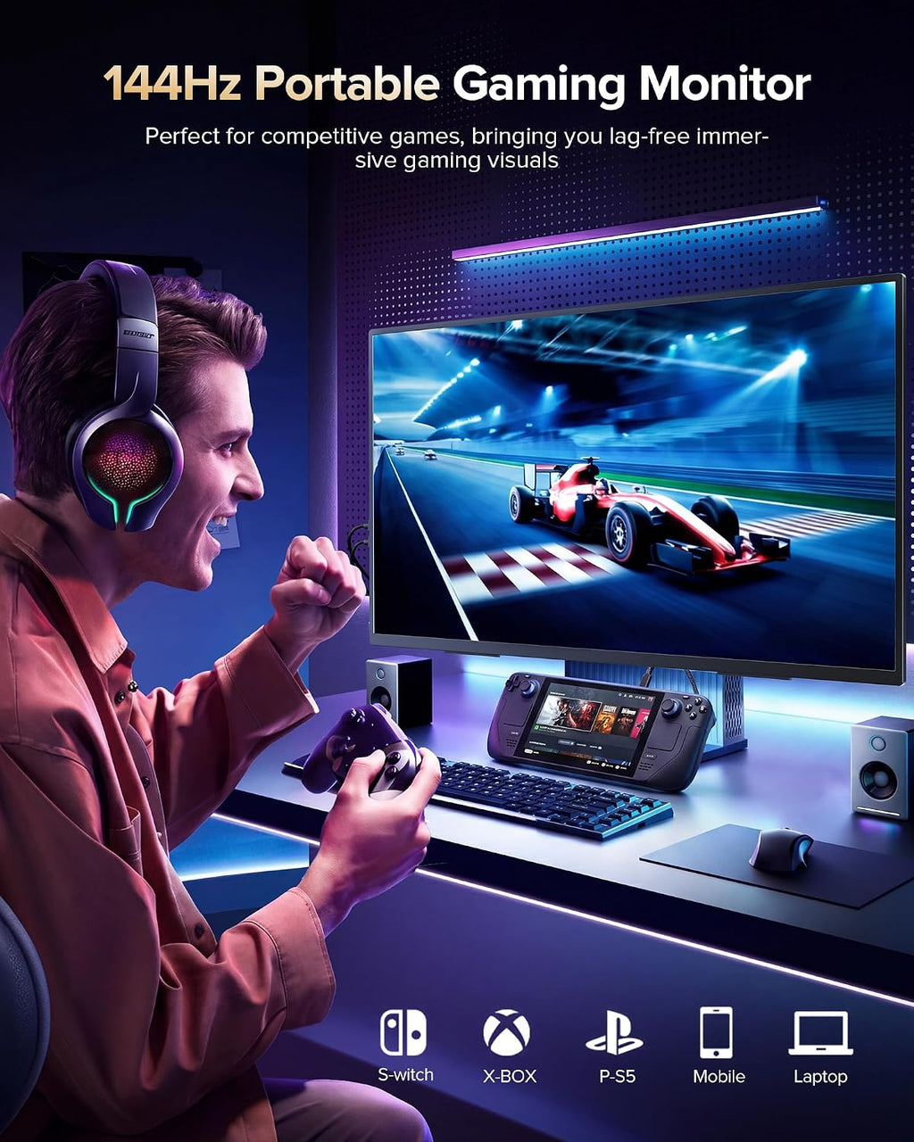 23.8'' QLED Portable Monitor 144Hz Gaming Monitor, 145%sRGB | 2000:1 | FreeSync Built-in Adjustable Stand, Speaker and VESA, USB-C HDMI Large Second Screen for Laptop, Mac-book, PC, Game Console