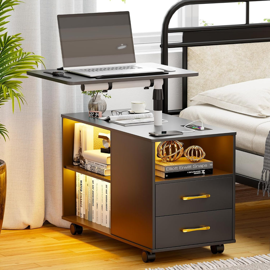 Set of 2 Night Stand with 360° Laptop Tray,Nightstand with Charging Station,Modern Bedside Table with 24-Color Human Sensor Lights,Large End Table w/ 2 Drawers,3 Shelves,5 Wheels,Black