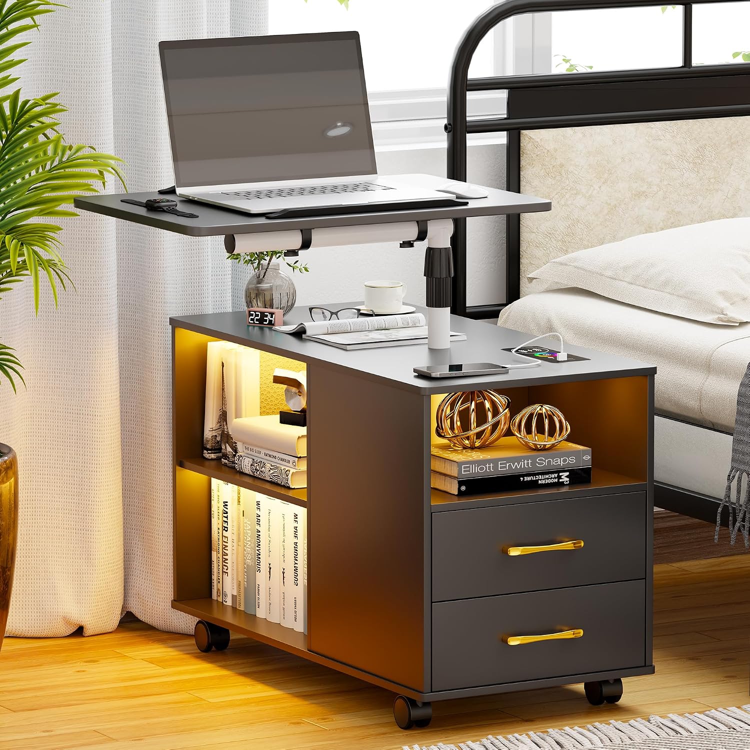 Set of 2 Night Stand with 360° Laptop Tray,Nightstand with Charging Station,Modern Bedside Table with 24-Color Human Sensor Lights,Large End Table w/ 2 Drawers,3 Shelves,5 Wheels,Black