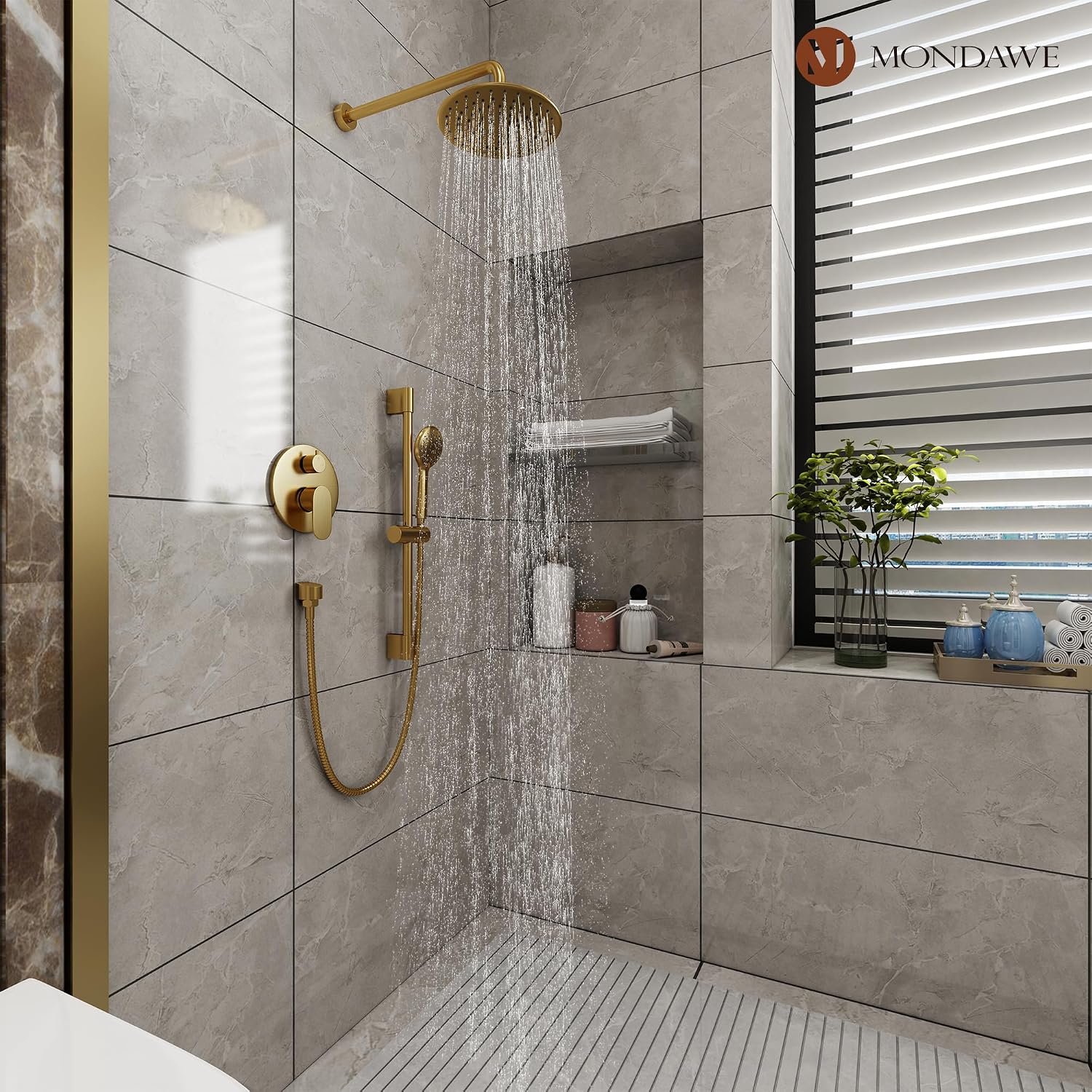 MONDAWE 9 Inch Wall Mounted Shower Faucet Set in Brushed Gold, Rainfall Shower Head with 3-Setting Handheld Spray Shower Set Combo, High Pressure Shower System with Solid Brass Valve