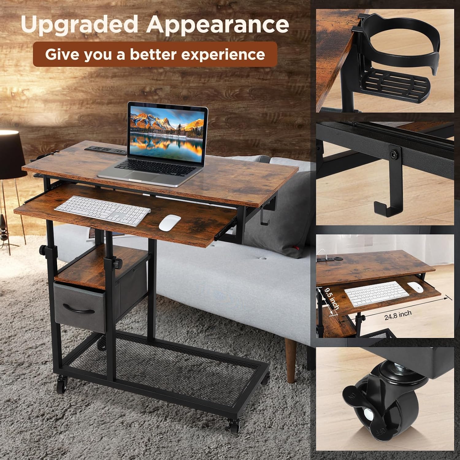 FAHKNS C Table with Wheels, Adjustable Couch Table with Charging Station, Couch with Cup Holder, Sofa Bedside Laptop Stand C Shaped TV Tray with Storage Shelves