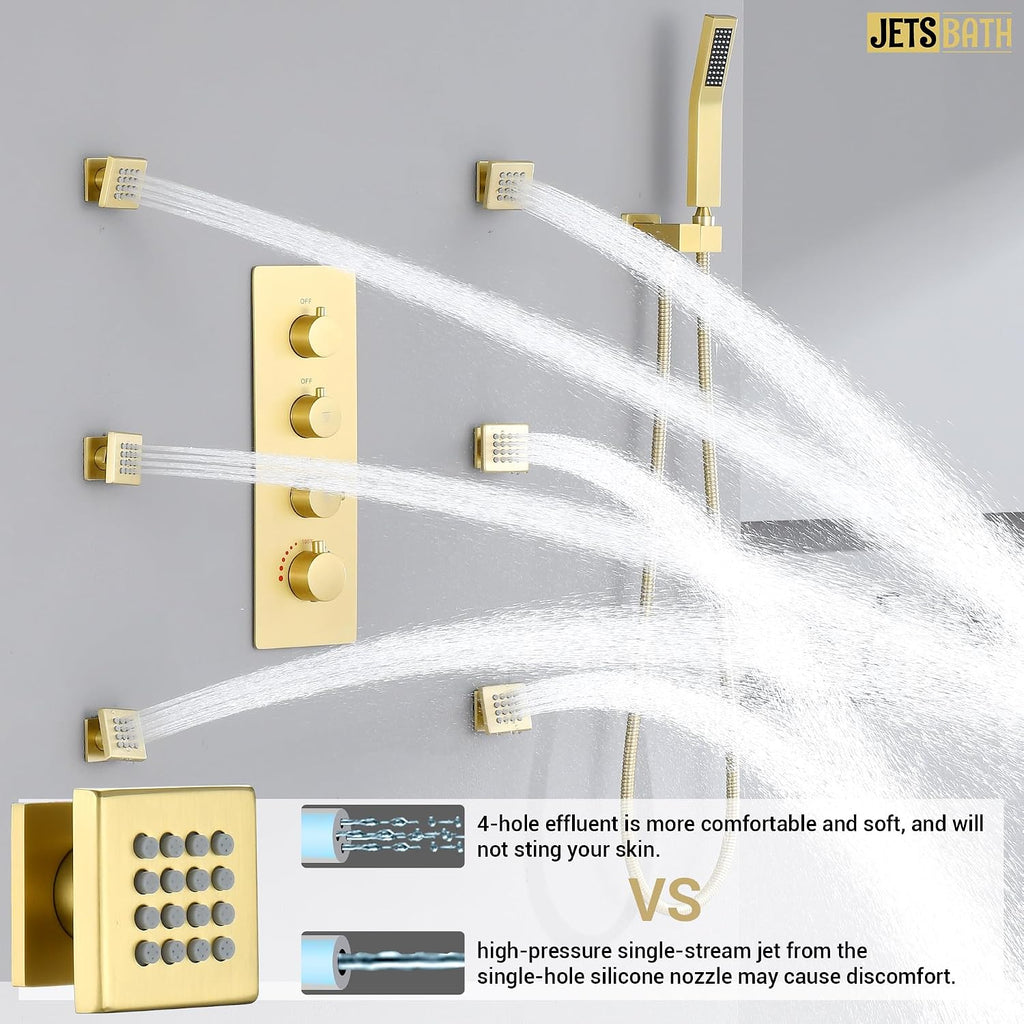 16' Thermostatic Rain Shower System with 6 Body Jets & 16-Inch Rainfall Shower Head, JetsBath Full Body Shower Faucet Sets with Valve & Handheld, Brushed Gold Luxury Wall Mount Shower Faucet Set