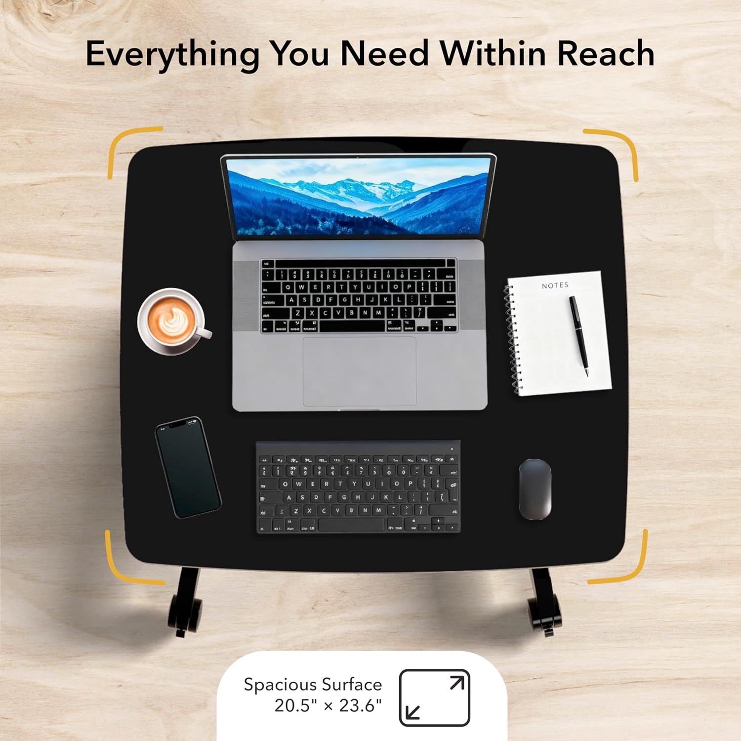 Mount-It! Rolling Laptop Desk Adjustable Height (29.6'-44.2'), Mobile Workstation Cart with 23.6' x 20.5' Desktop, Small Sit-Stand Desk for Home, Office, or Classroom in Black