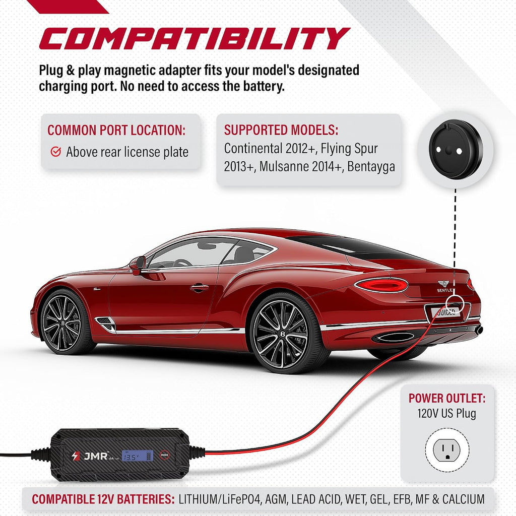 JMR Battery Charger for Bentley Continental GT Bentayga Flying Spur Mulsanne Trickle Charger Conditioner Maintainer (Magnetic Port, Add Lithium Mode)