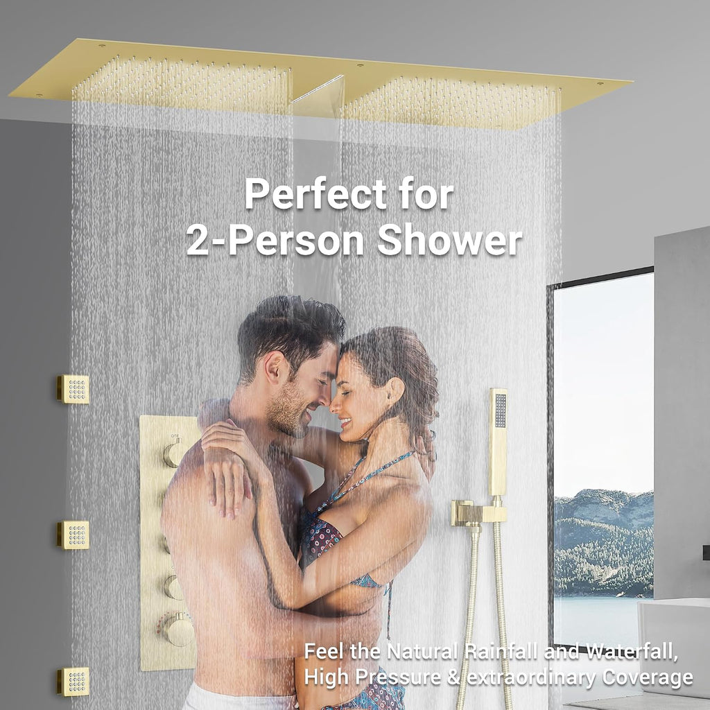 Luxury Dual-Zone Rain & Waterfall Shower Head for 2-Person, Brushed Gold Thermostatic Shower System with 32-Inch Flush Mount Shower, Full body Shower Faucet Set with Handheld Sprayer & 6 Jets