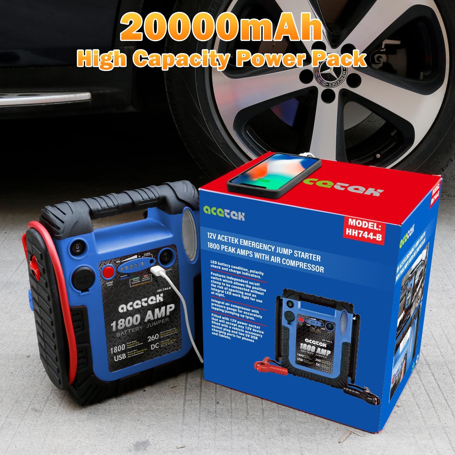 1800A Jump Starter with Air Compressor, 20000mAh 12V Battery Jumper Pack Booster (6.0L Gas/Diesel), 260 PSI Tire Inflator, Multi-Function Jumper Box with USB Charge & LED Flashlight