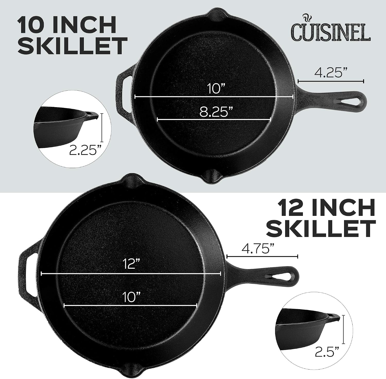 Cuisinel Pre-Seasoned Cast Iron Skillet 2-Piece Set (10-Inch and 12-Inch) Oven Safe Cookware- 2 Heat Resistant Holders