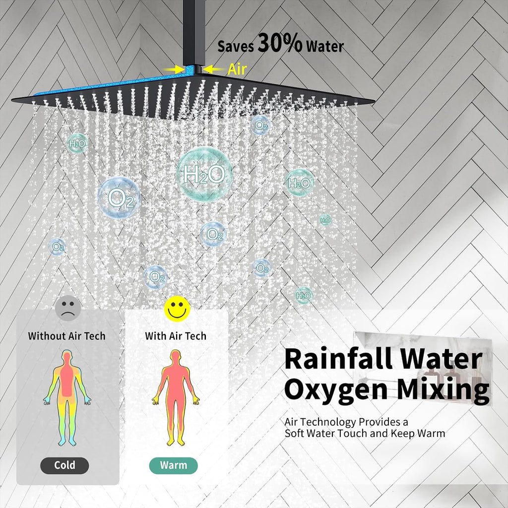 SR SUN RISE 16 Inches Matte Black Shower Set System Bathroom Luxury Rain Mixer Shower Combo Set Ceiling Mounted Rainfall Shower Head Faucet (Contain Shower Faucet Rough-In Valve Body and Trim)