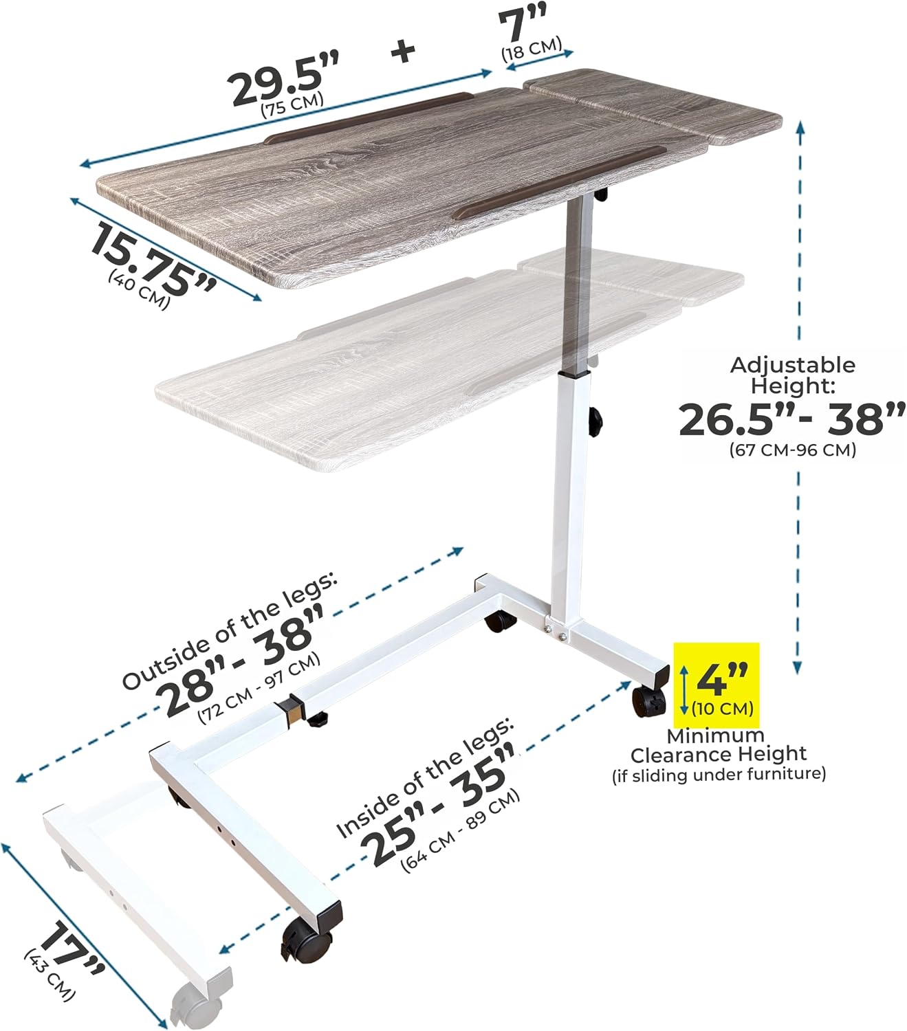 Recliner Table, Over the Bed Table with Wheels, Adjustable Width & Height, with Split Tilt Design & 4 Caster Wheels with Brakes (Rustic Oak Tabletop, White Base)